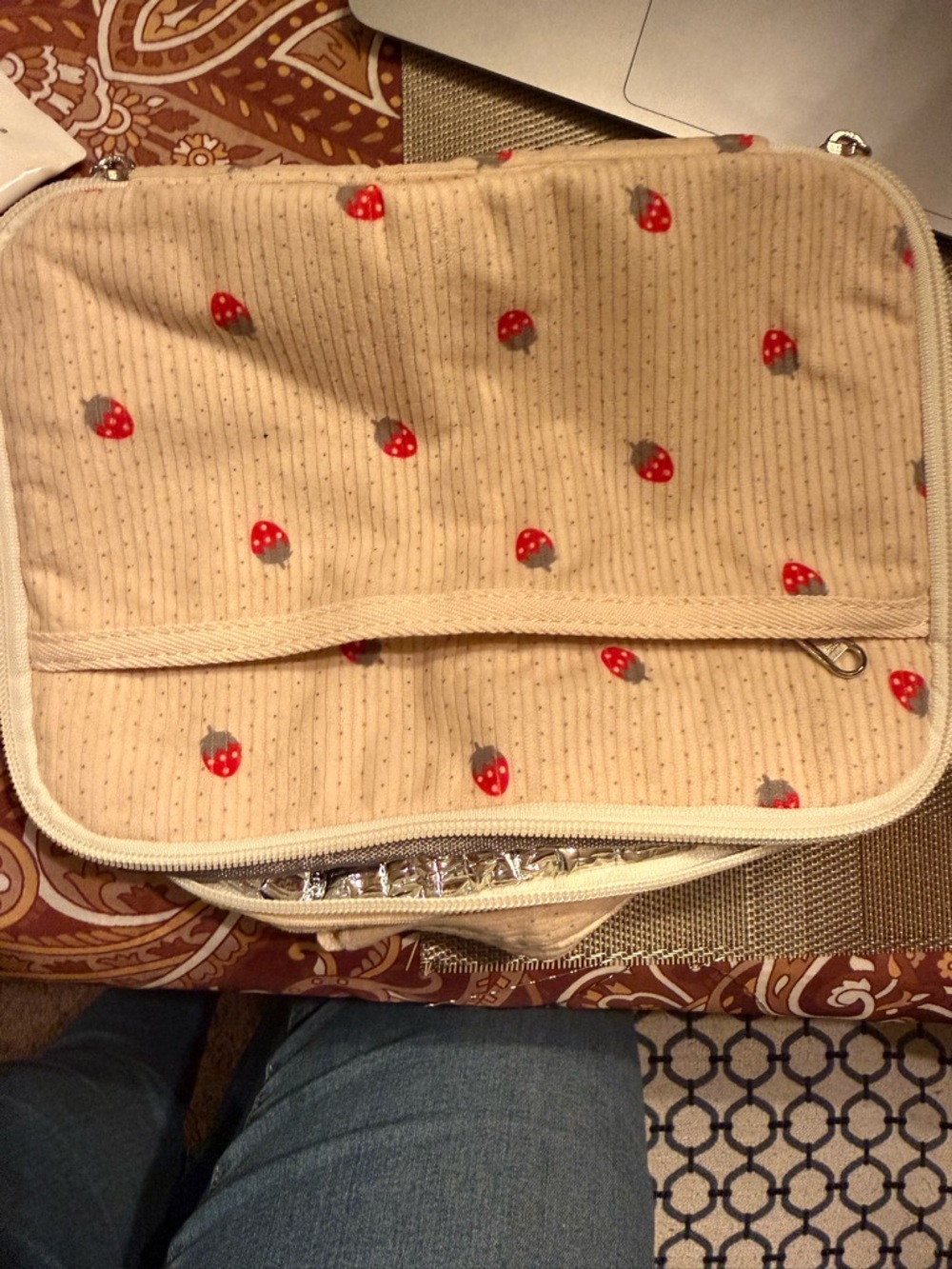 Bluboon Corduroy beige strawberry print Insulated Lunch Bag with Cooler & Organi